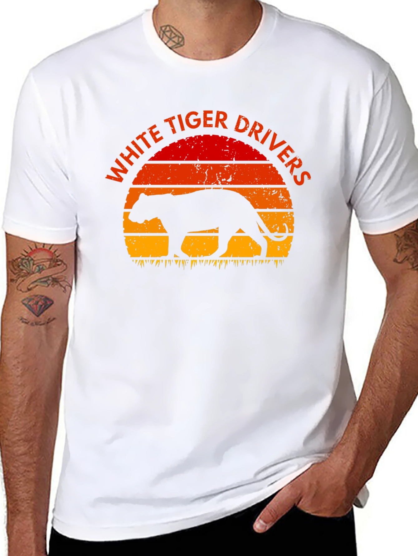 White Tiger Drivers Graphic Tee - Retro Sunset Design