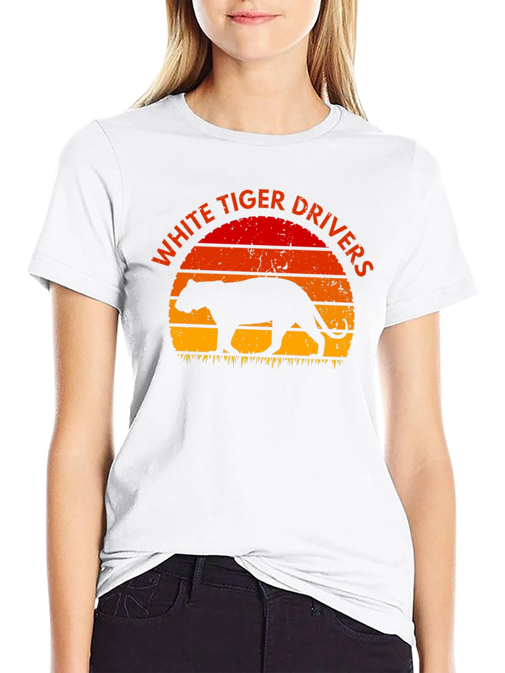 White Tiger Drivers Graphic Tee - Retro Sunset Design