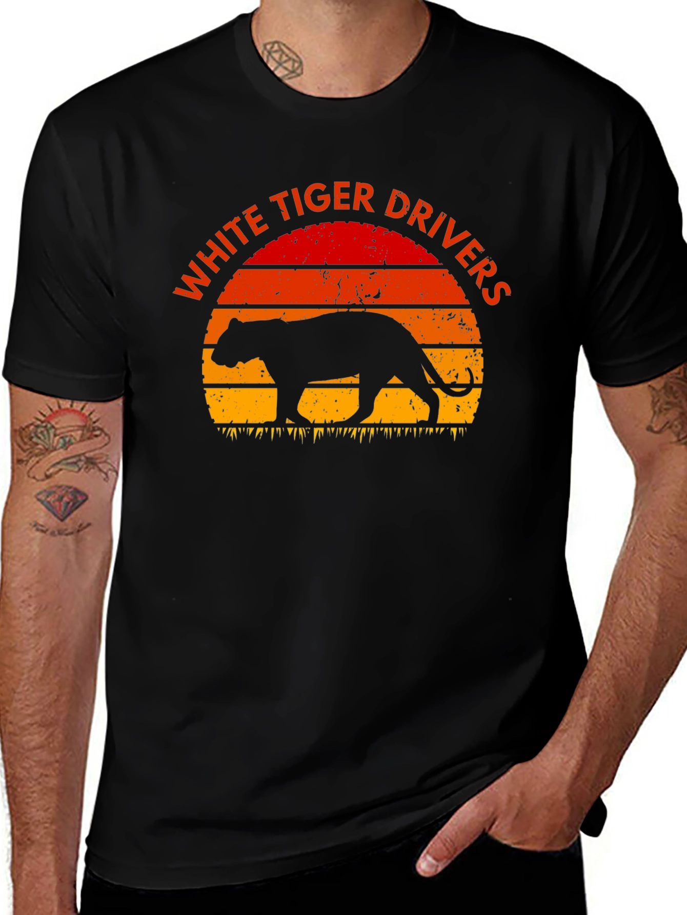 White Tiger Drivers Graphic Tee - Retro Sunset Design