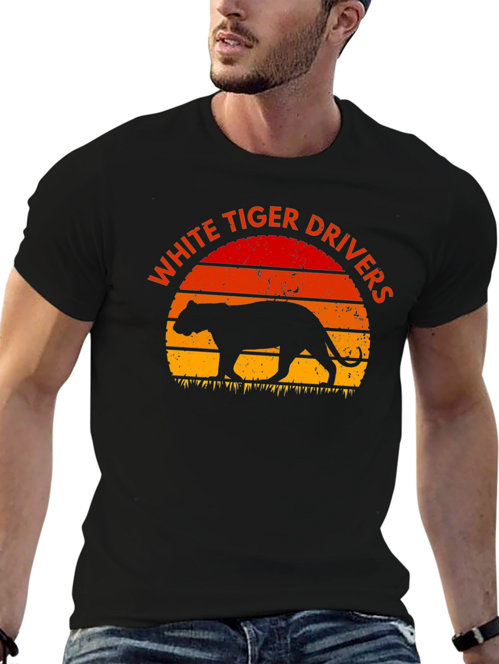 White Tiger Drivers Graphic Tee - Retro Sunset Design