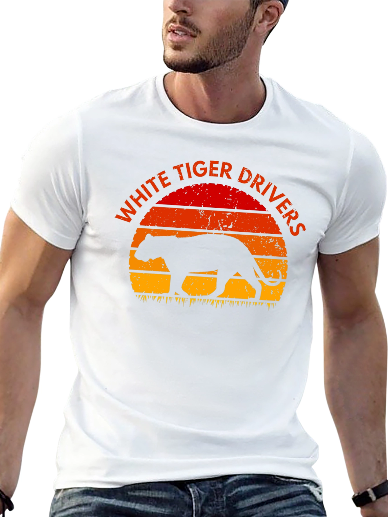 White Tiger Drivers Graphic Tee - Retro Sunset Design