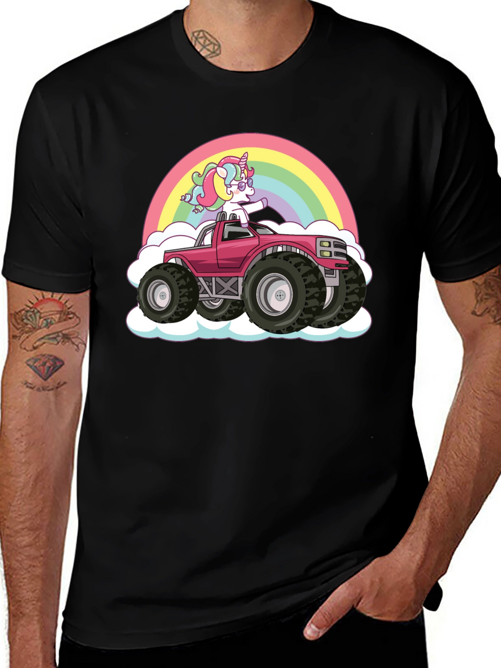 Unicorn Monster Truck Rainbow Black T-Shirt