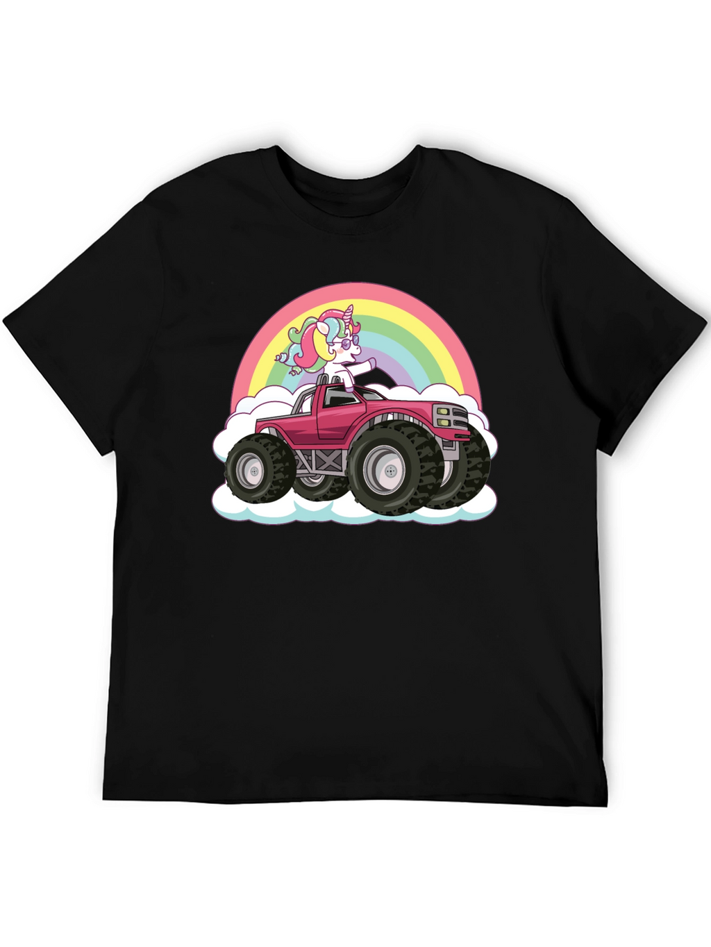 Unicorn Monster Truck Rainbow Black T-Shirt