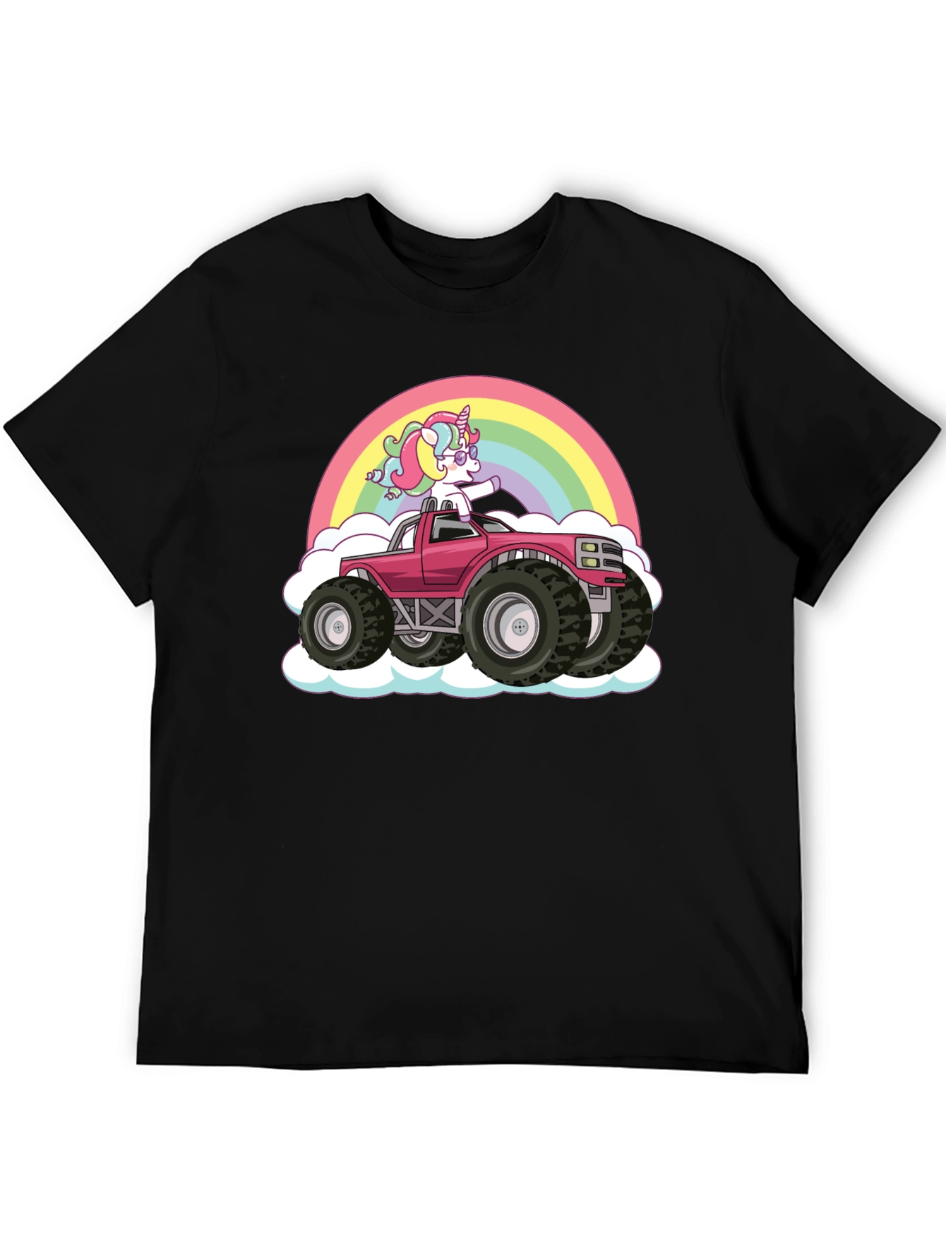 Unicorn Monster Truck Rainbow Black T-Shirt