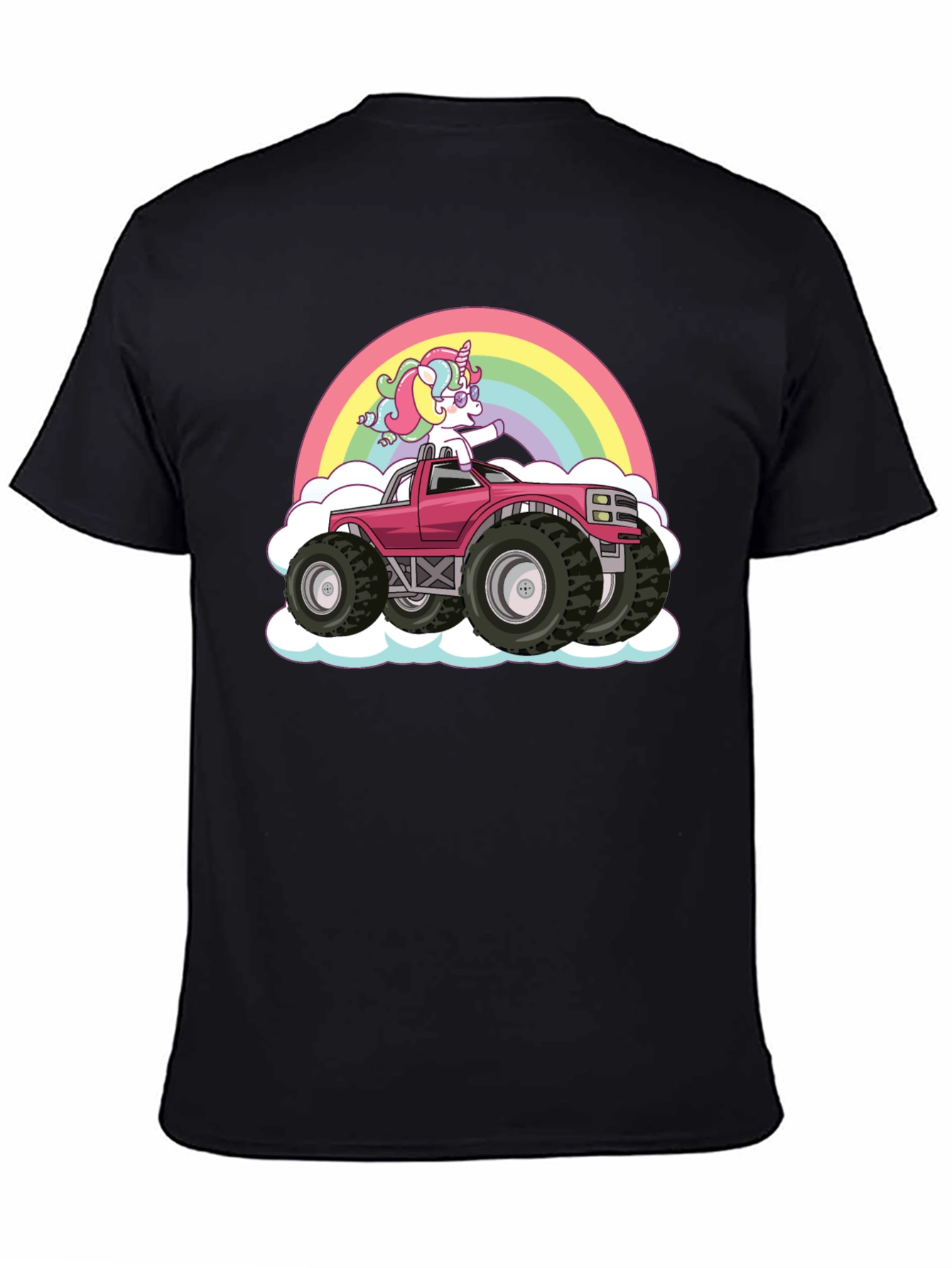 Unicorn Monster Truck Rainbow Black T-Shirt