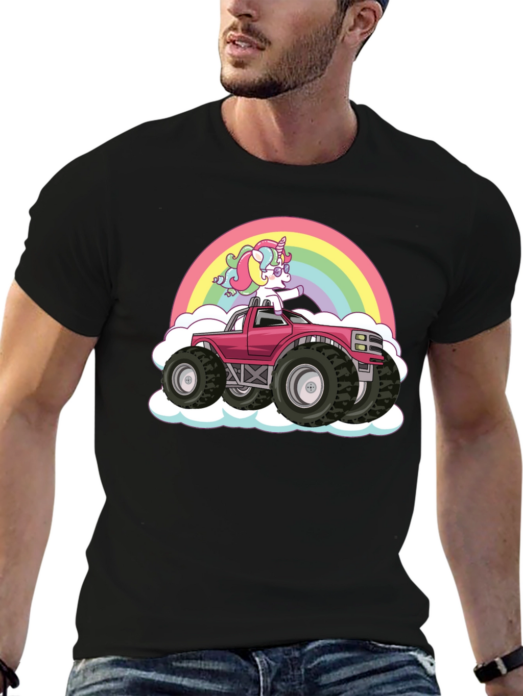 Unicorn Monster Truck Rainbow Black T-Shirt