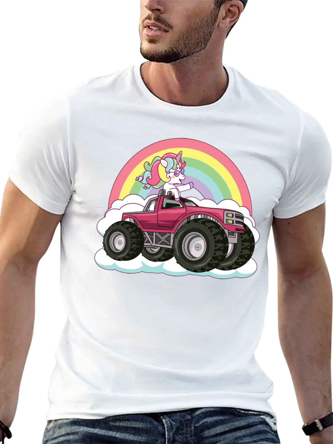 Unicorn Monster Truck Rainbow Black T-Shirt