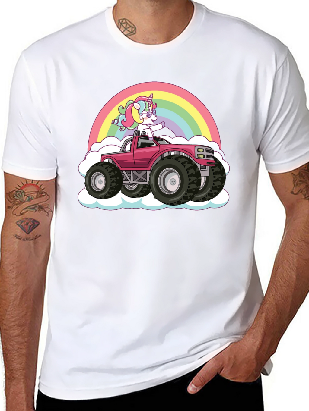 Unicorn Monster Truck Rainbow Black T-Shirt
