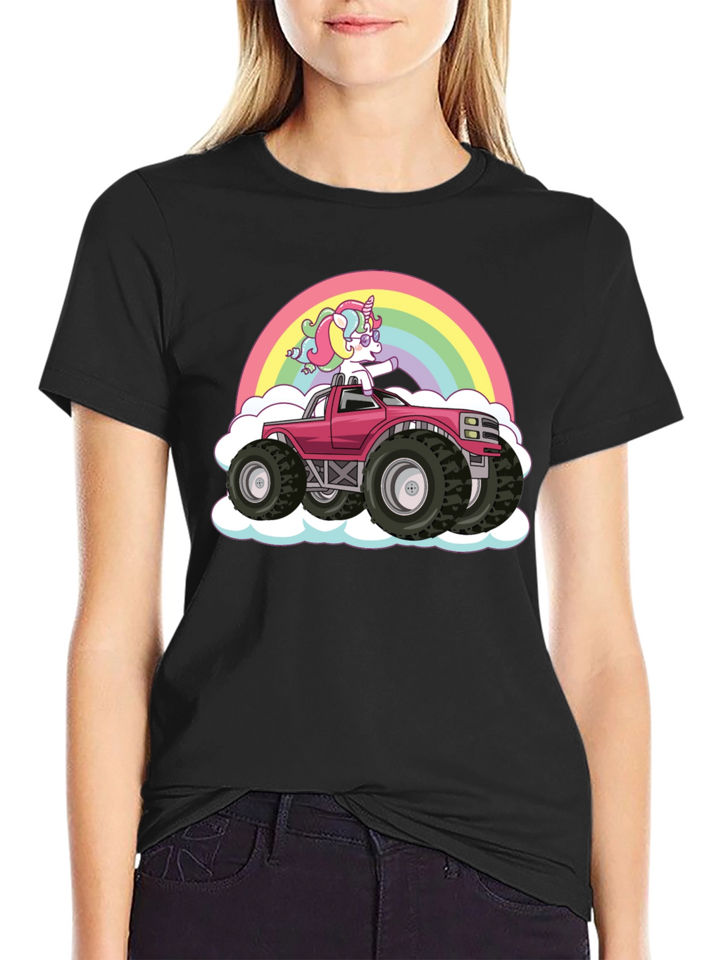 Unicorn Monster Truck Rainbow Black T-Shirt