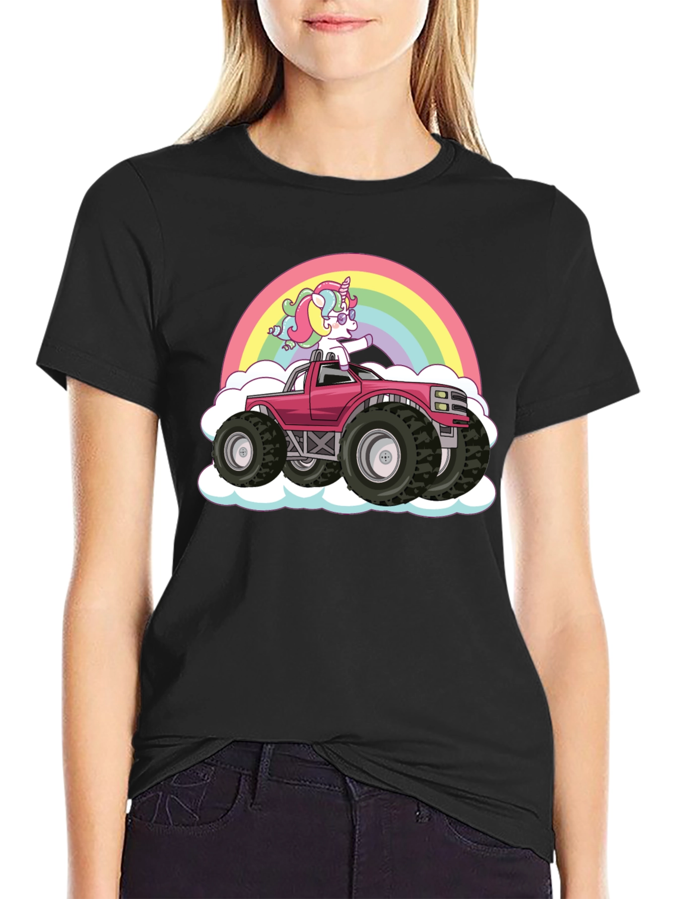 Unicorn Monster Truck Rainbow Black T-Shirt