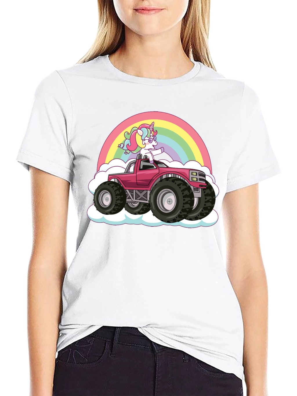 Unicorn Monster Truck Rainbow Black T-Shirt