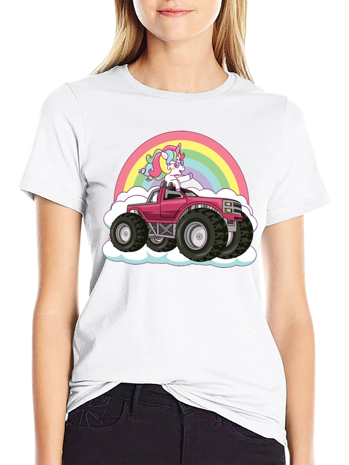 Unicorn Monster Truck Rainbow Black T-Shirt