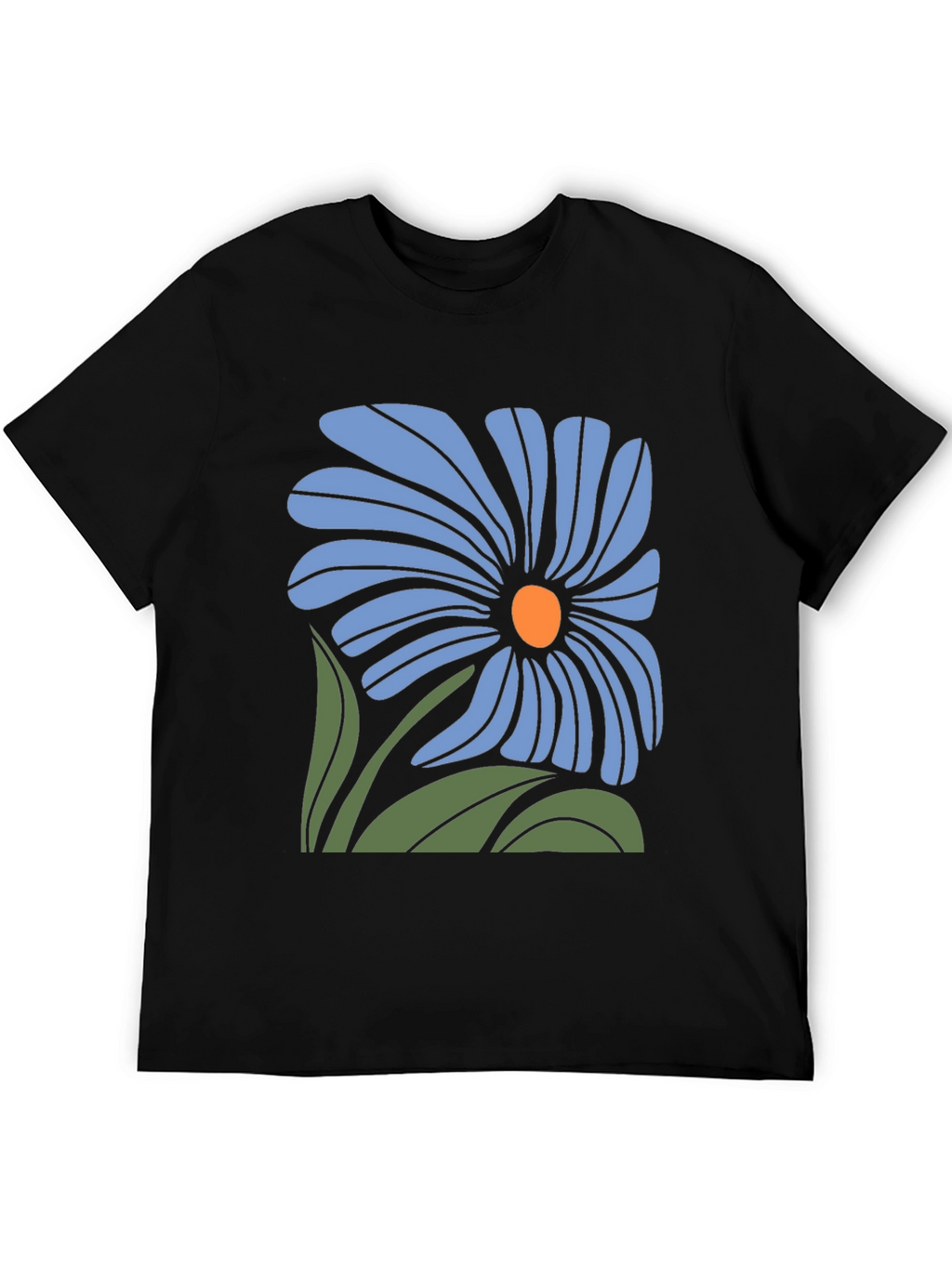 Blue Flower Graphic Black T-Shirt
