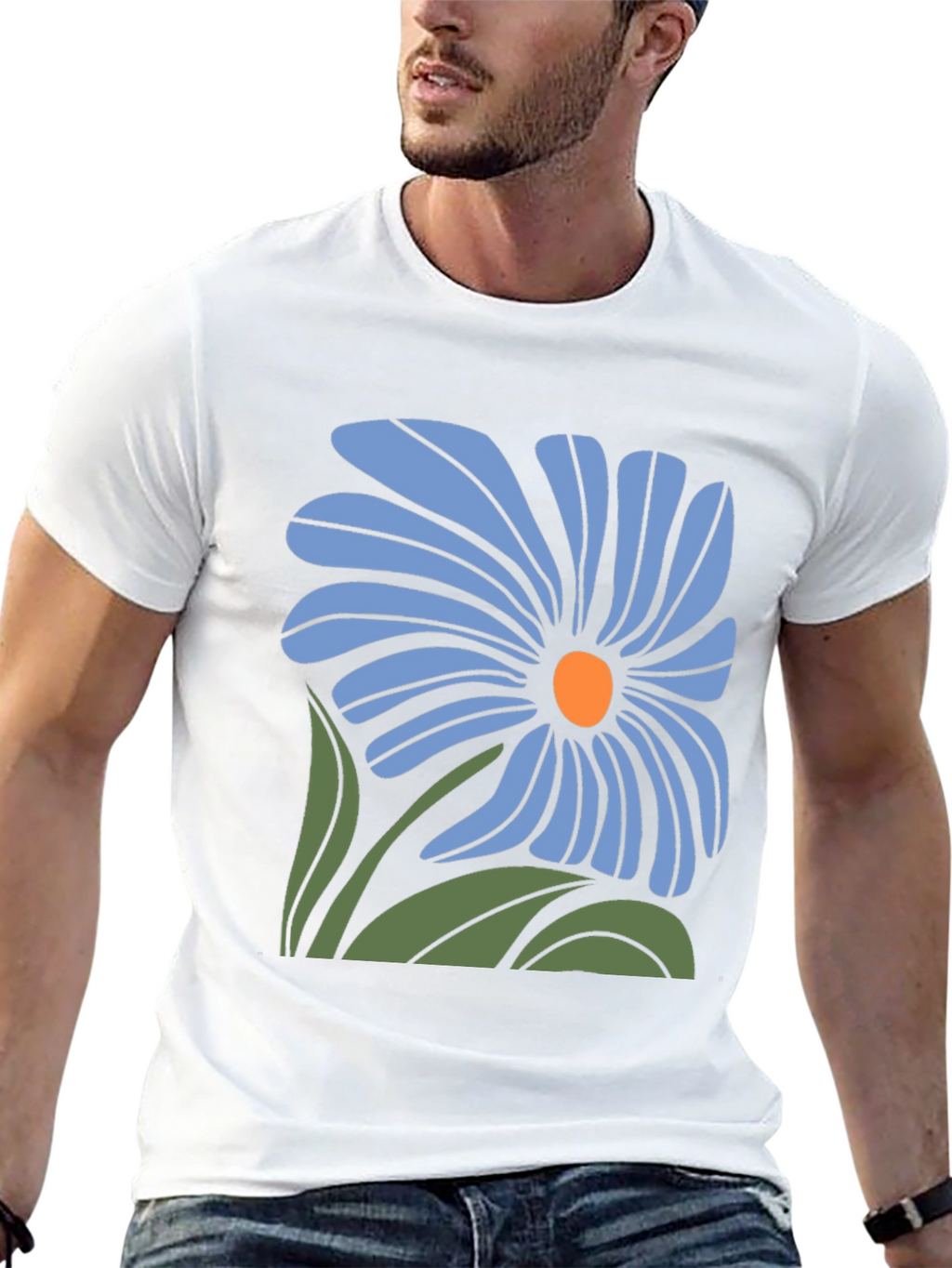 Blue Flower Graphic Black T-Shirt