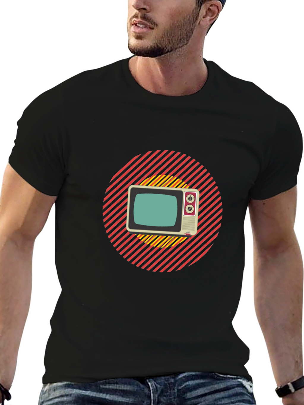 Retro TV Graphic T-Shirt - Black Cotton Blend