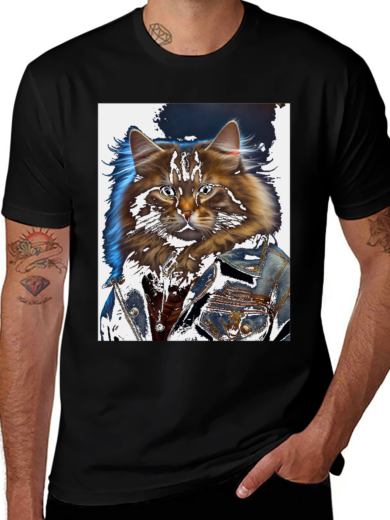 Cat in Denim Jacket Graphic T-Shirt