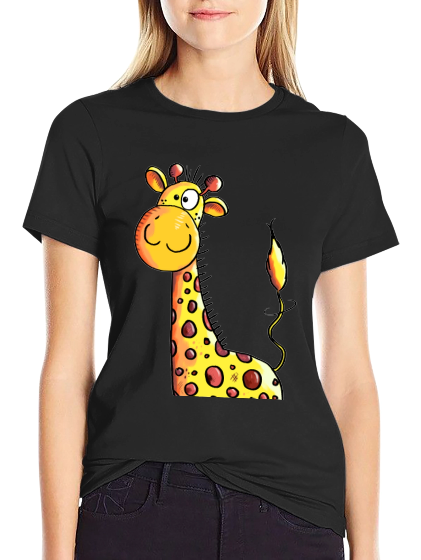 Cartoon Giraffe Graphic Tee - Black