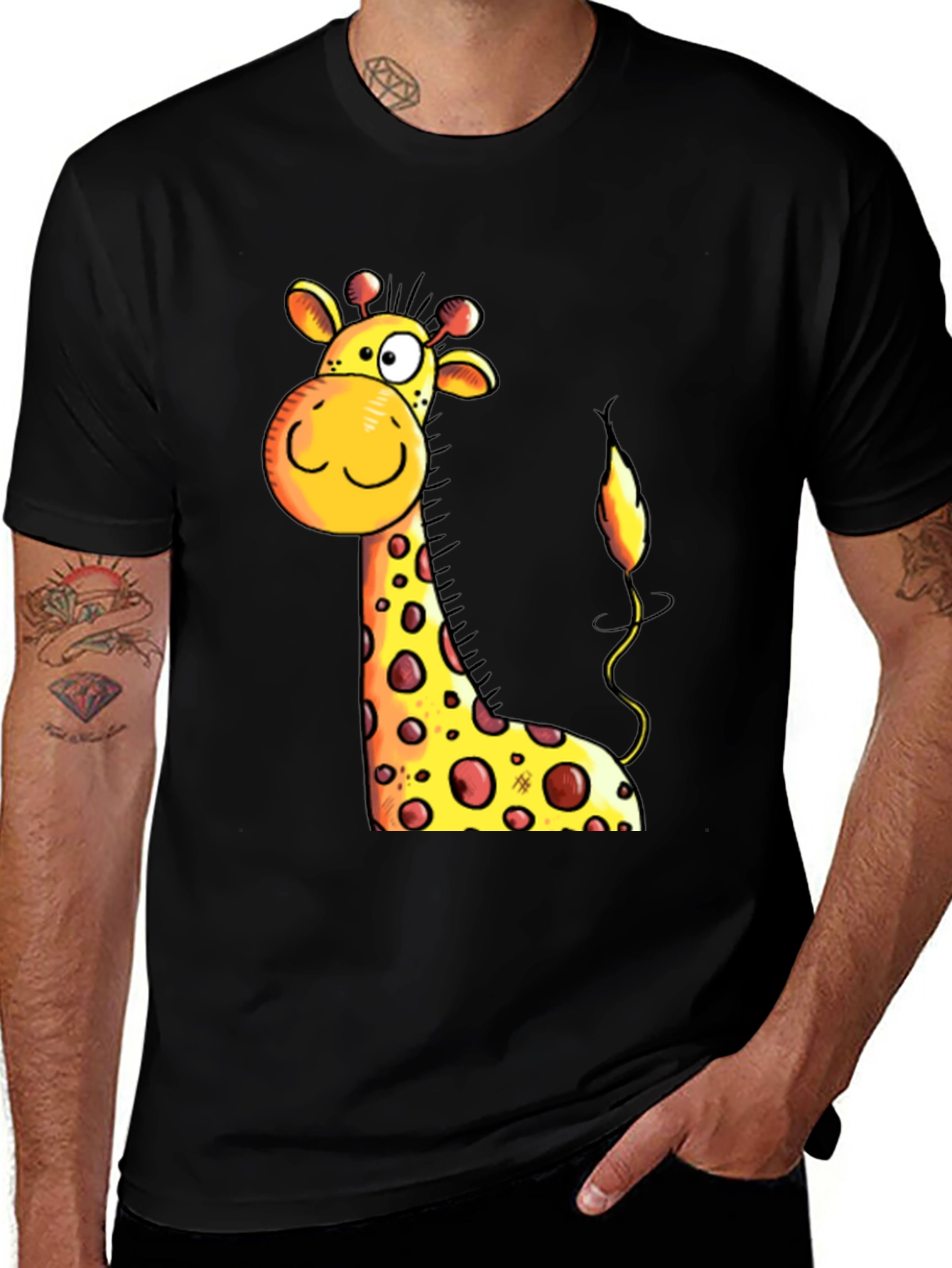 Cartoon Giraffe Graphic Tee - Black