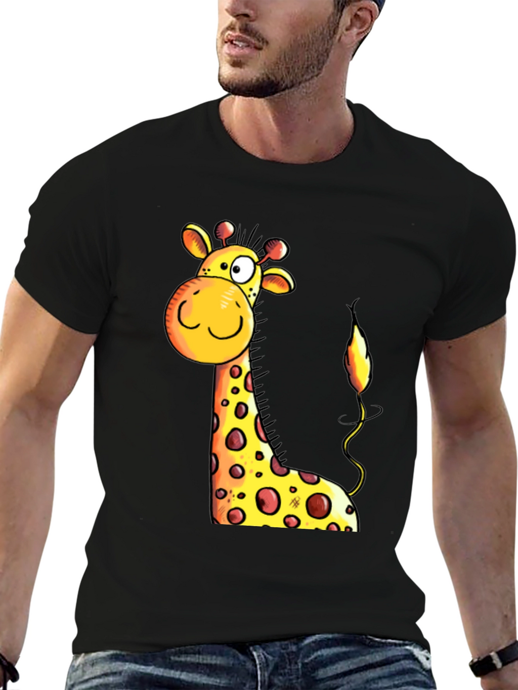 Cartoon Giraffe Graphic Tee - Black