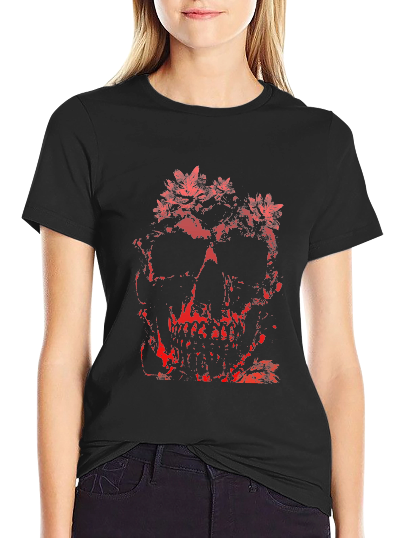 Floral Skull Graphic Print T-Shirt - Black