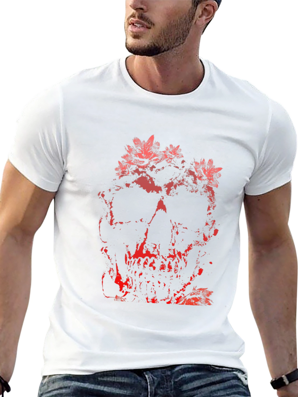 Floral Skull Graphic Print T-Shirt - Black