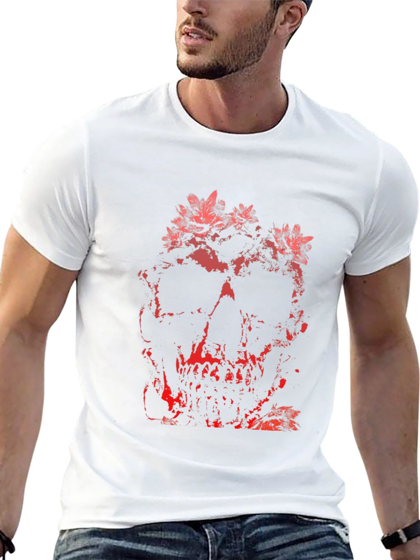 Floral Skull Graphic Print T-Shirt - Black