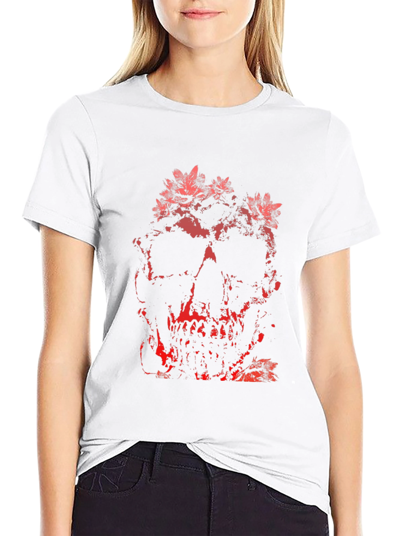 Floral Skull Graphic Print T-Shirt - Black
