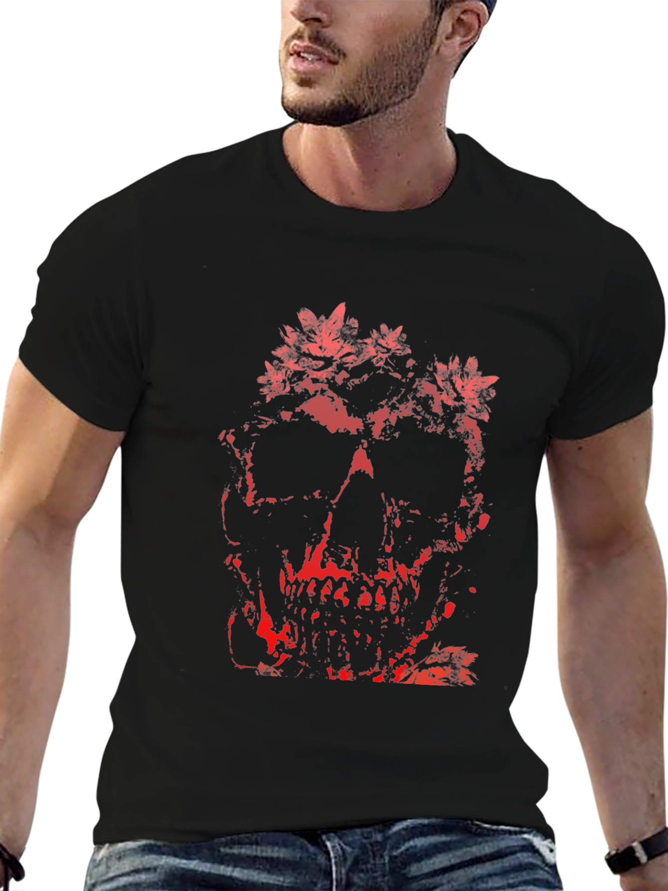 Floral Skull Graphic Print T-Shirt - Black