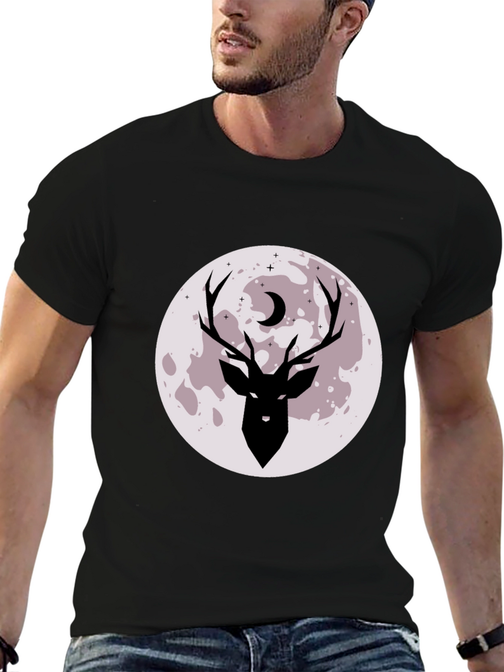 Mens Black Deer Moon Graphic Tee