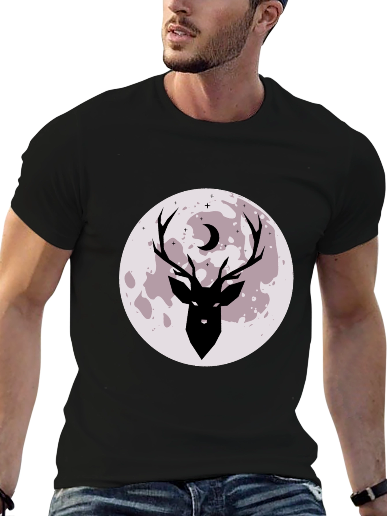 Mens Black Deer Moon Graphic Tee