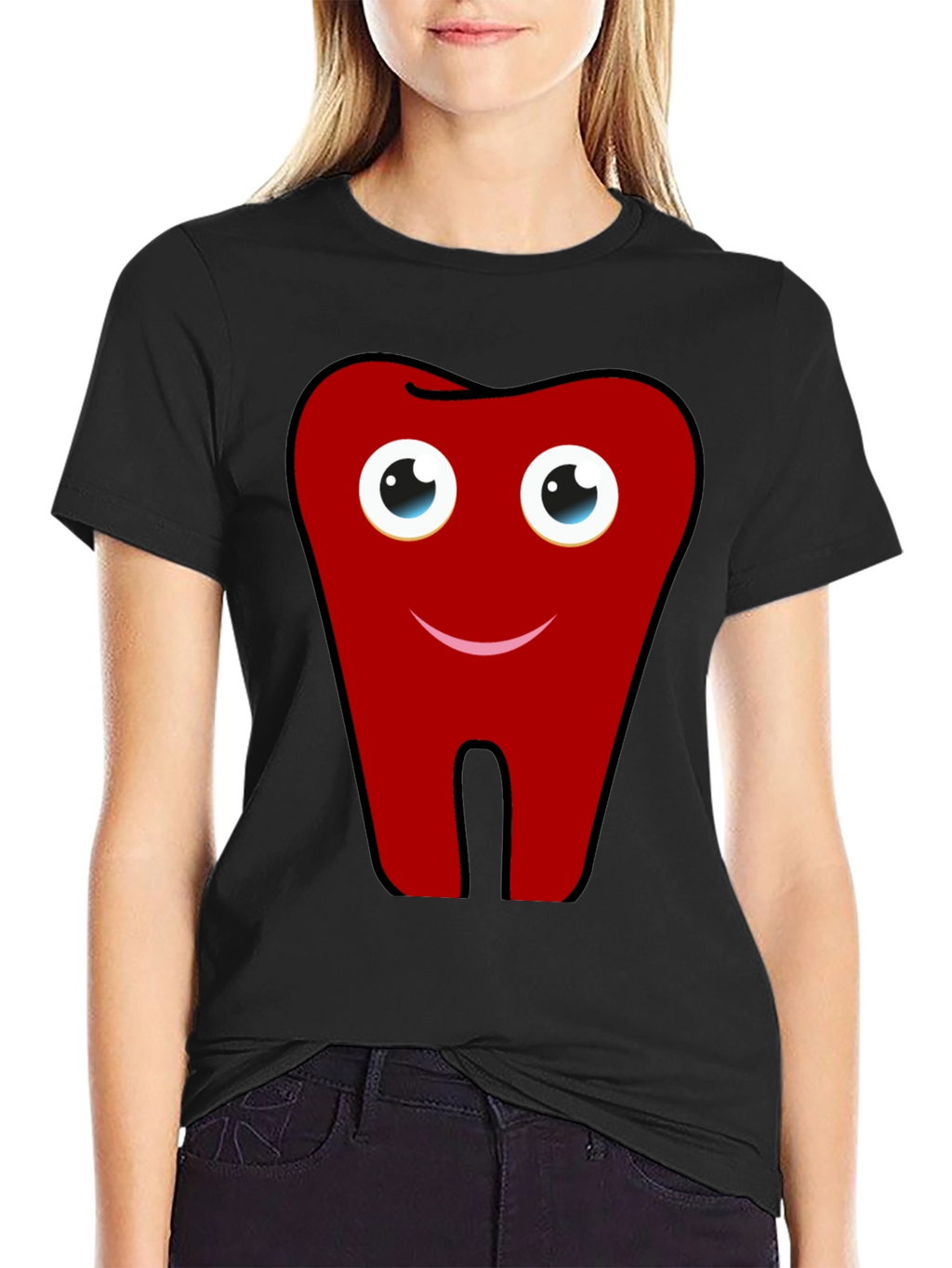 Fun Cartoon Tooth Graphic Print Black T-Shirt