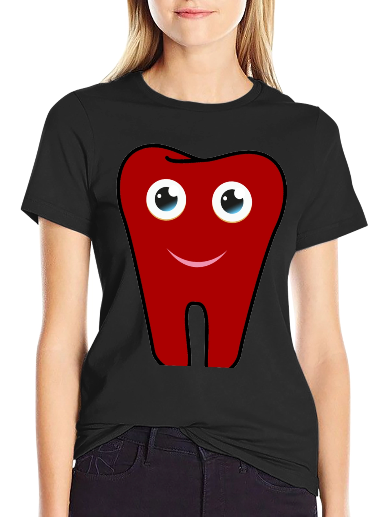 Fun Cartoon Tooth Graphic Print Black T-Shirt