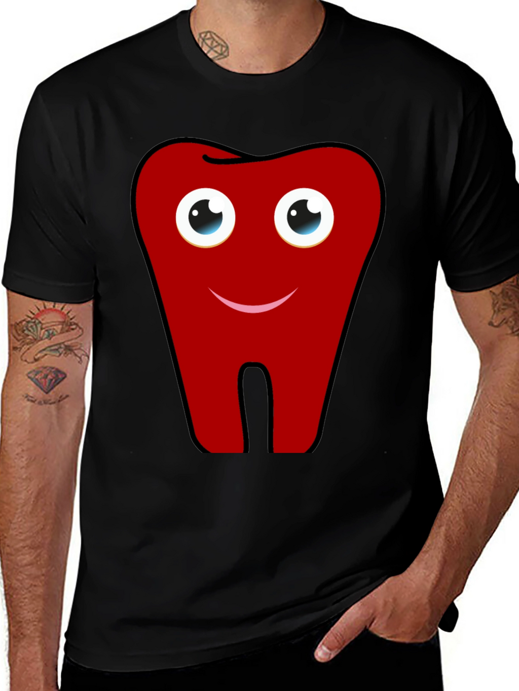 Fun Cartoon Tooth Graphic Print Black T-Shirt