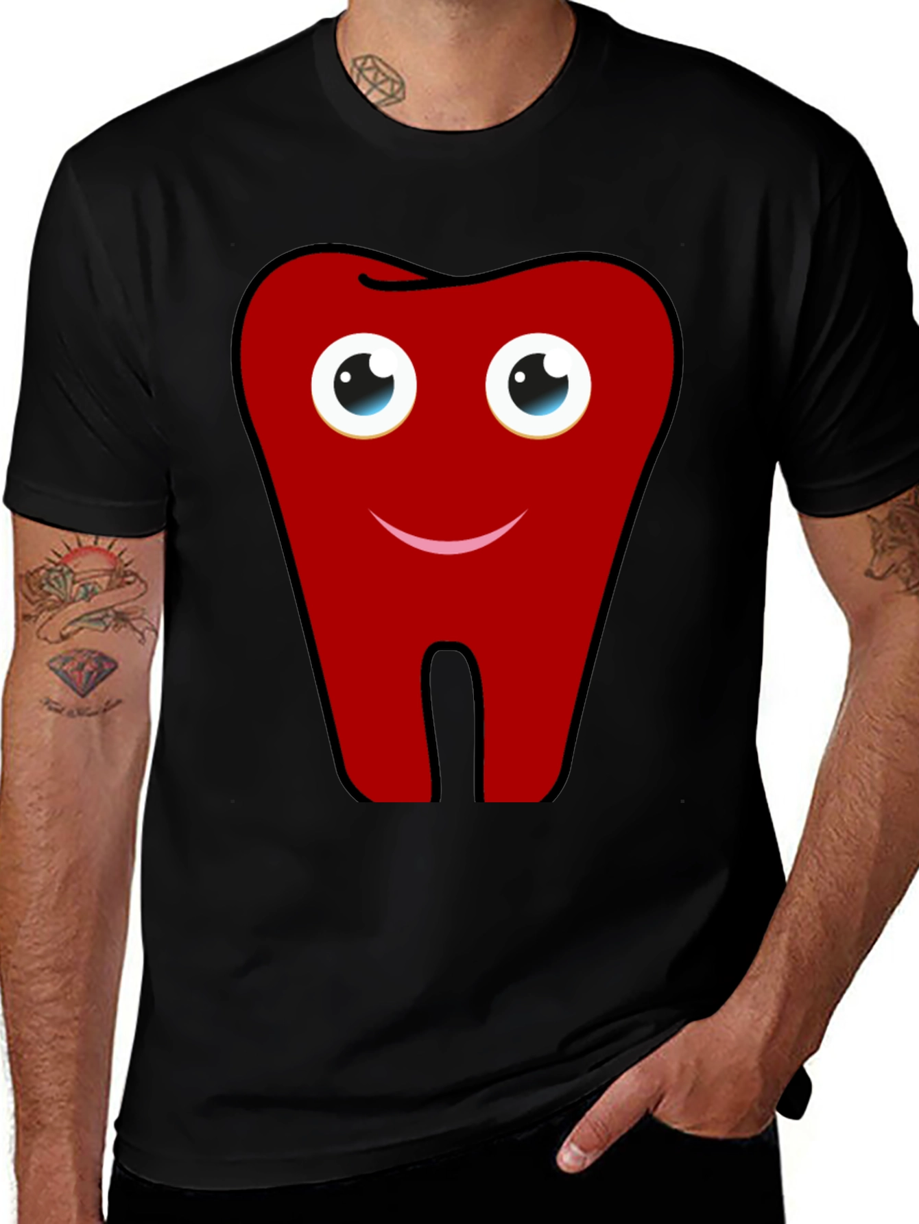 Fun Cartoon Tooth Graphic Print Black T-Shirt