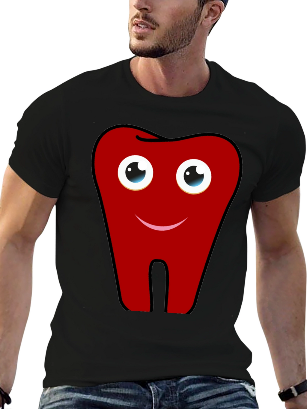 Fun Cartoon Tooth Graphic Print Black T-Shirt