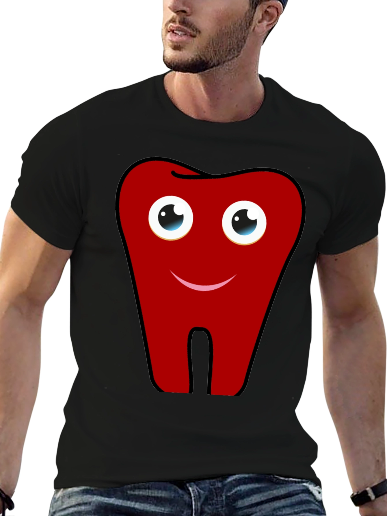 Fun Cartoon Tooth Graphic Print Black T-Shirt