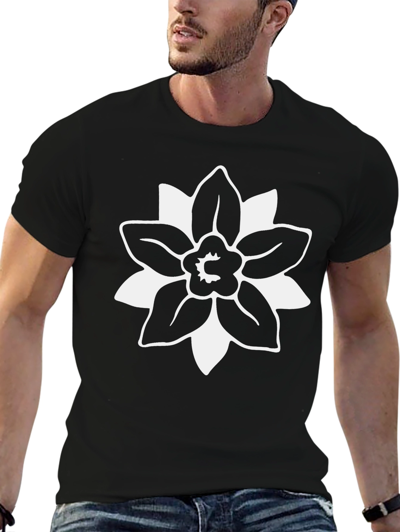 Black T-Shirt with White Floral Graphic