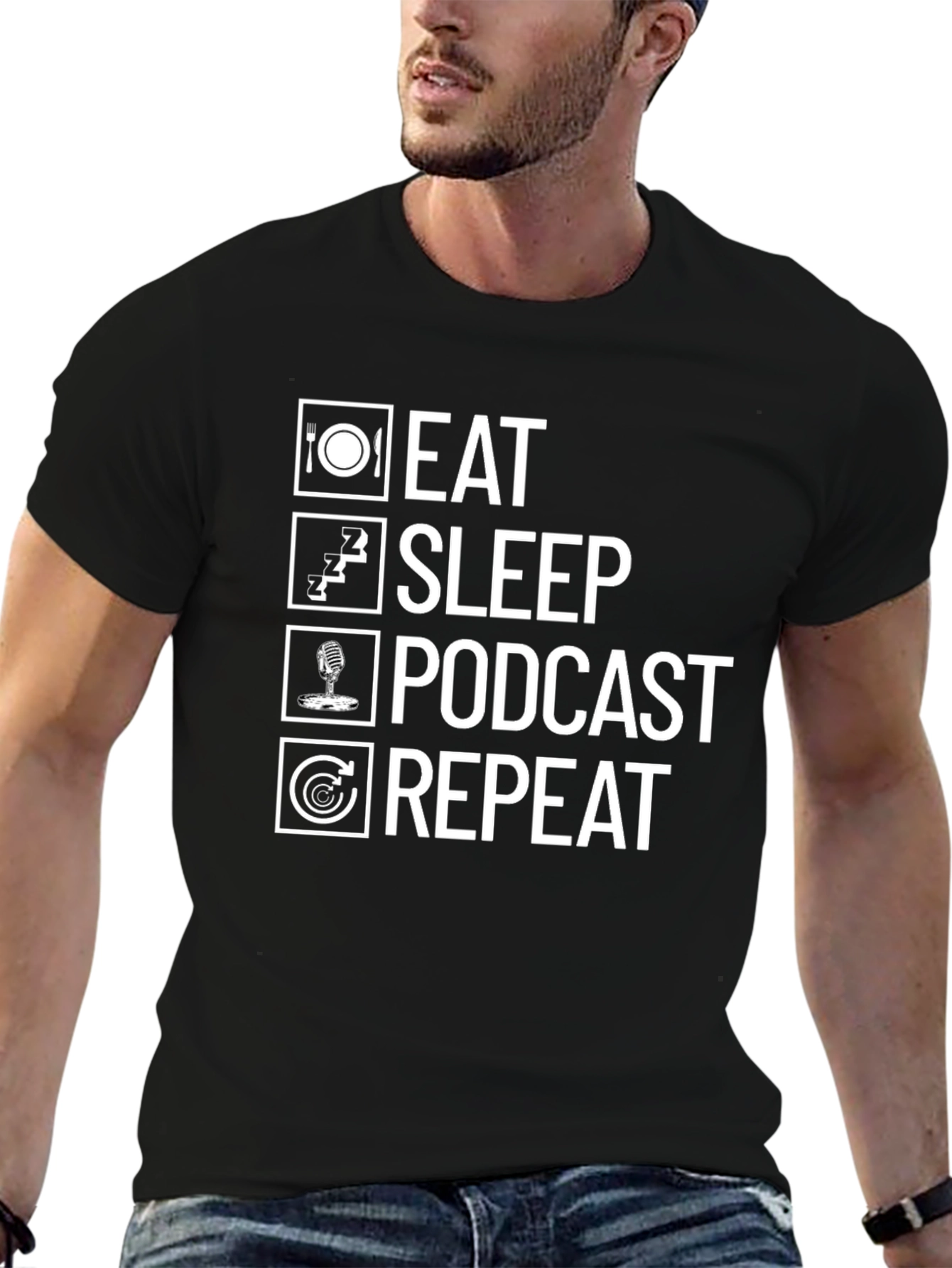 Eat Sleep Podcast Repeat Graphic Tee