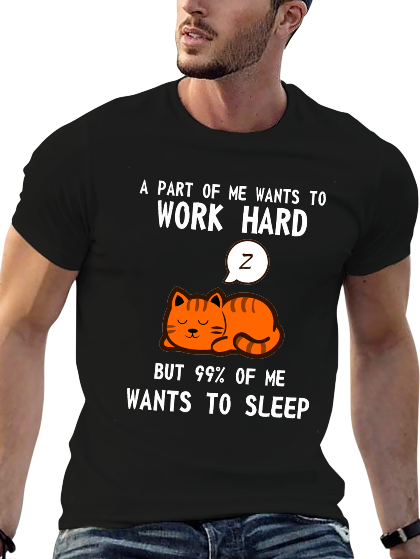 Funny Cat Graphic T-Shirt - Work Hard Sleep More