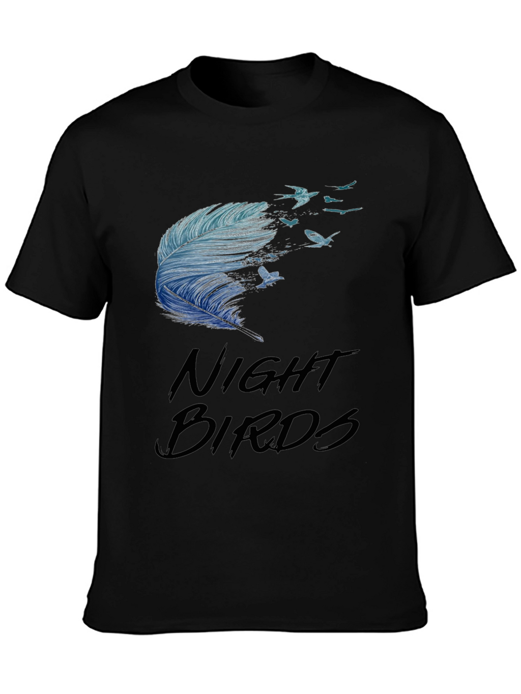 Night Birds Feather Graphic Tee - Casual Black T-Shirt