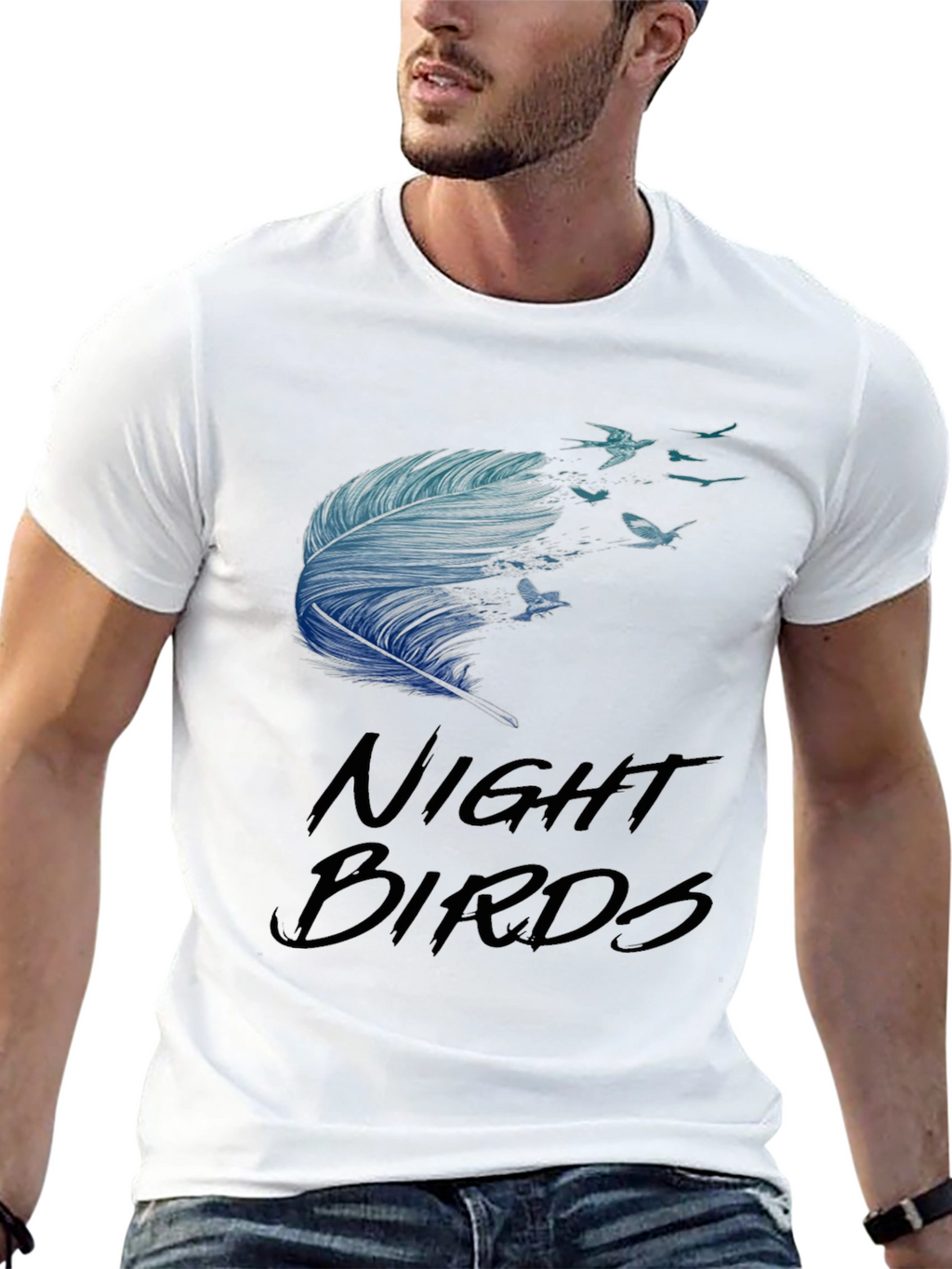 Night Birds Feather Graphic Tee - Casual Black T-Shirt
