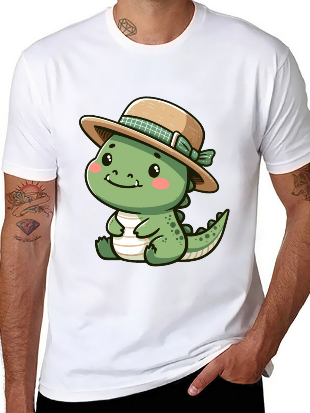 Cute Dino with Hat - Black T-Shirt