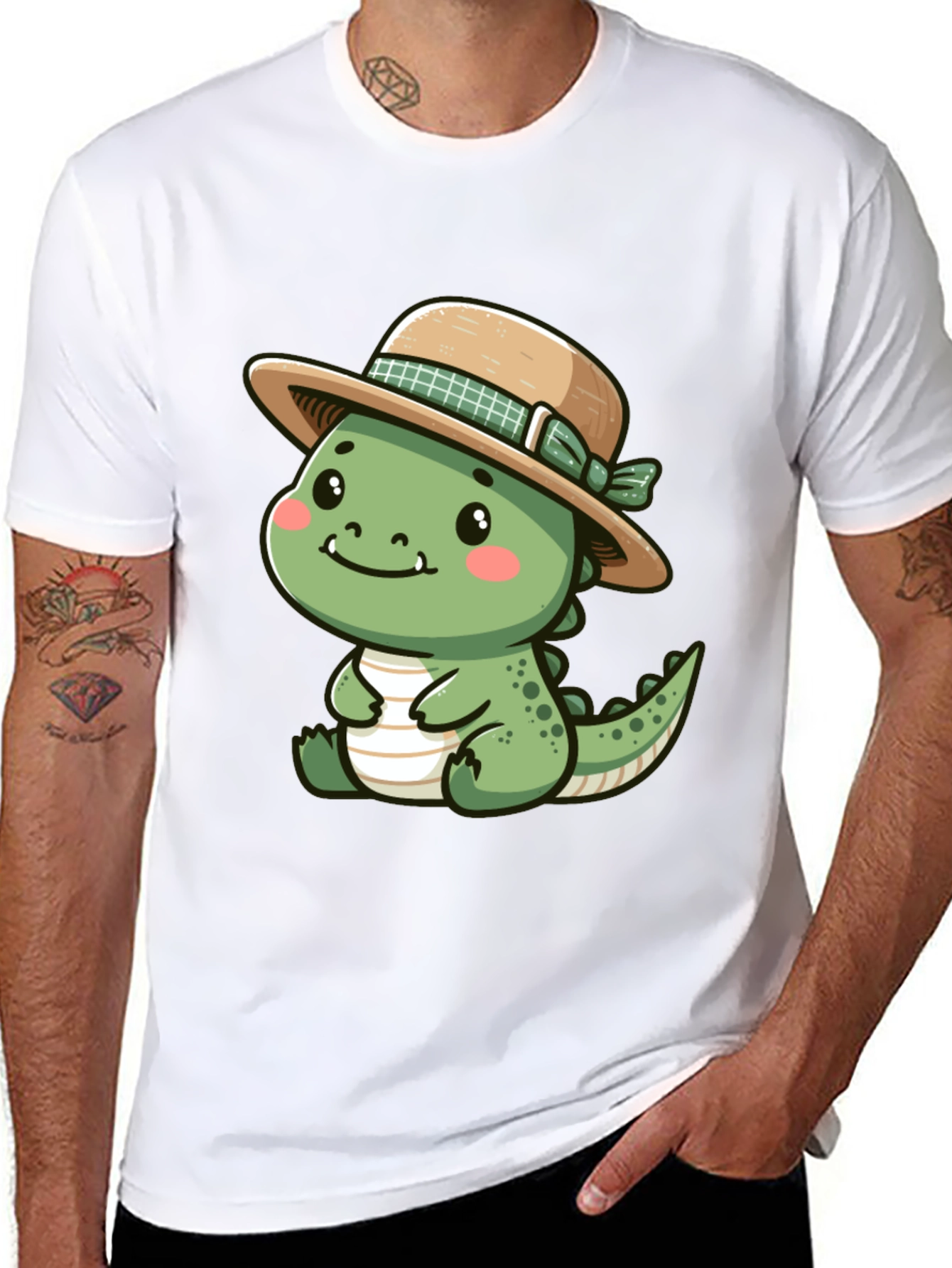 Cute Dino with Hat - Black T-Shirt