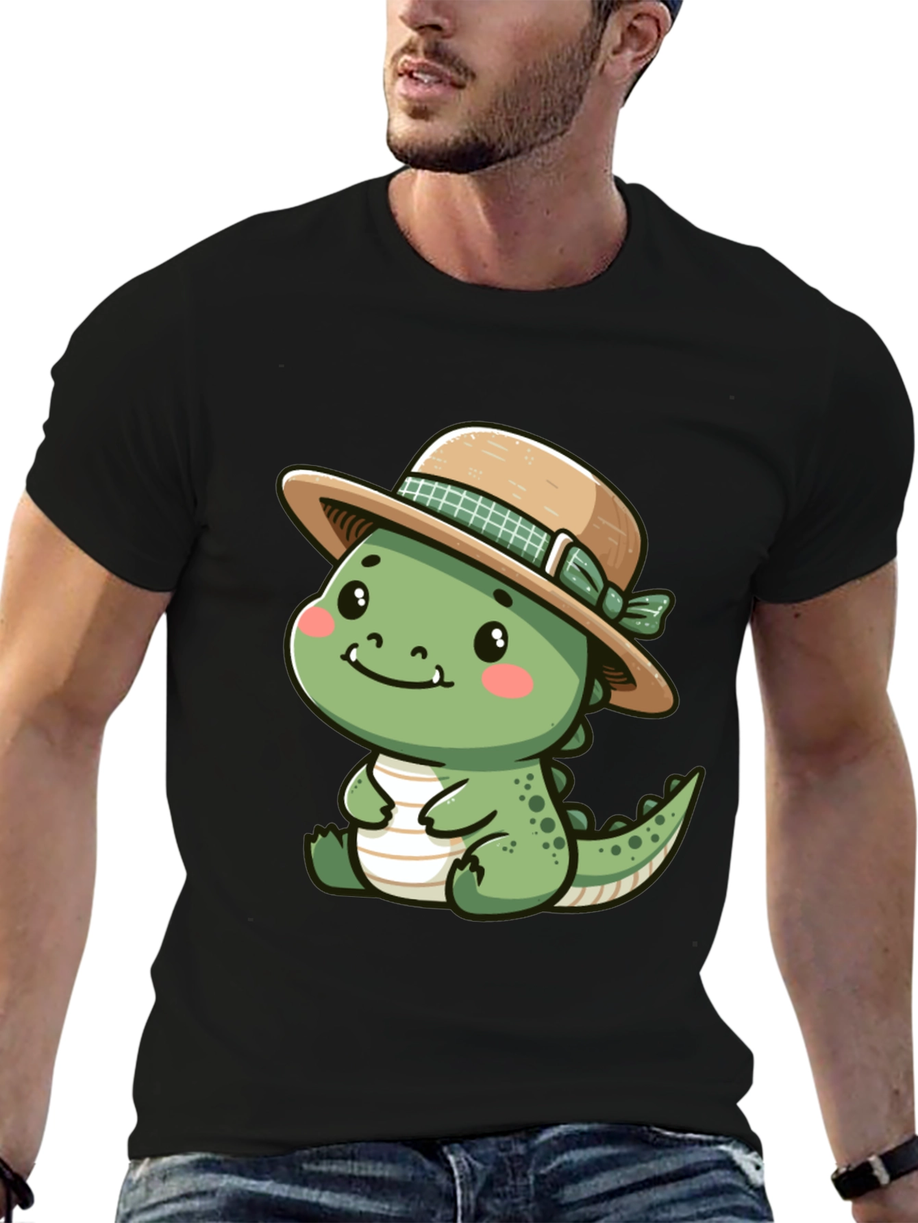 Cute Dino with Hat - Black T-Shirt