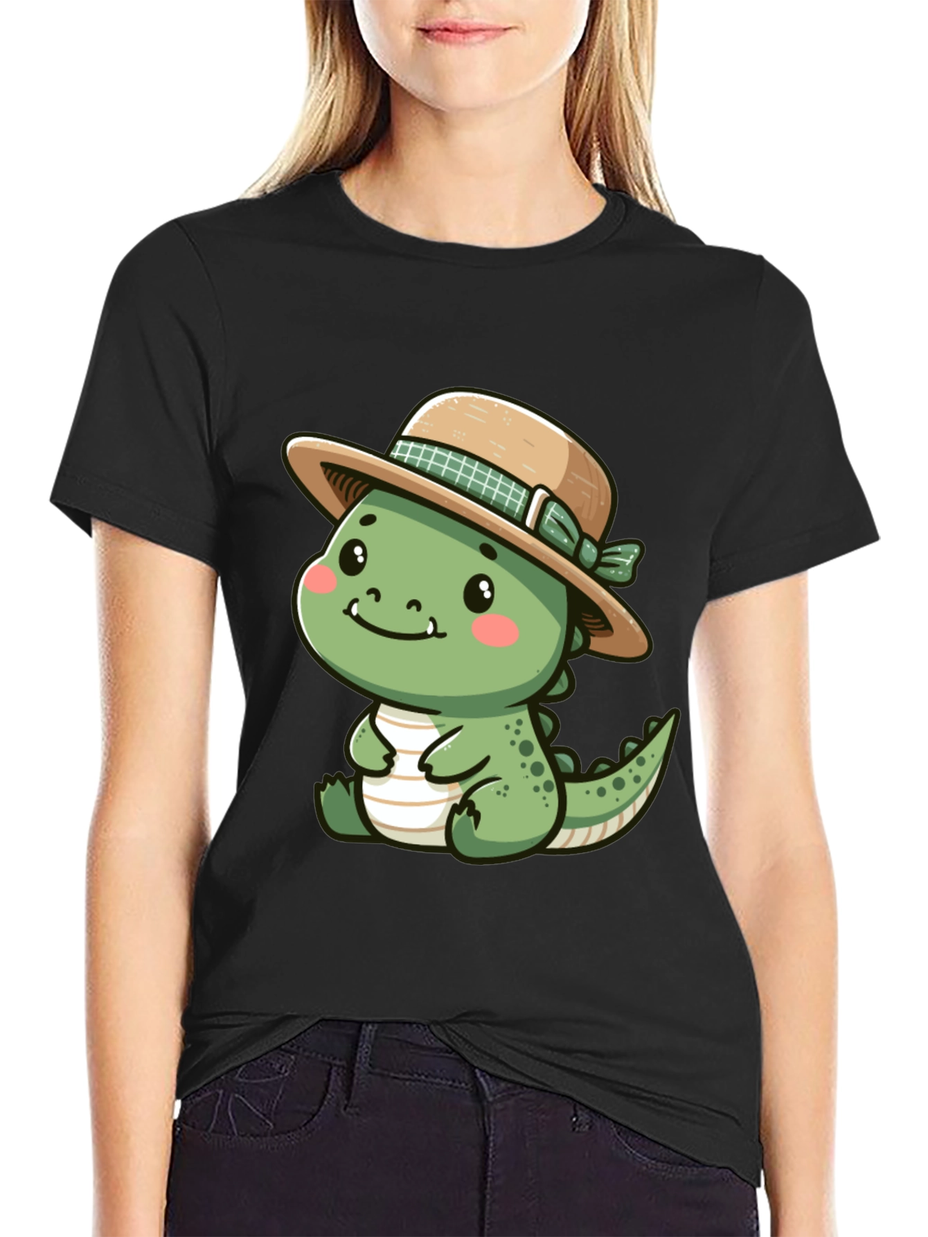 Cute Dino with Hat - Black T-Shirt