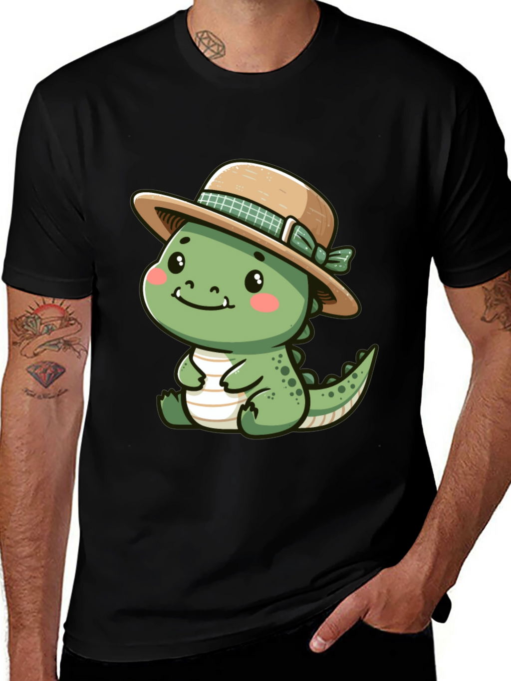 Cute Dino with Hat - Black T-Shirt
