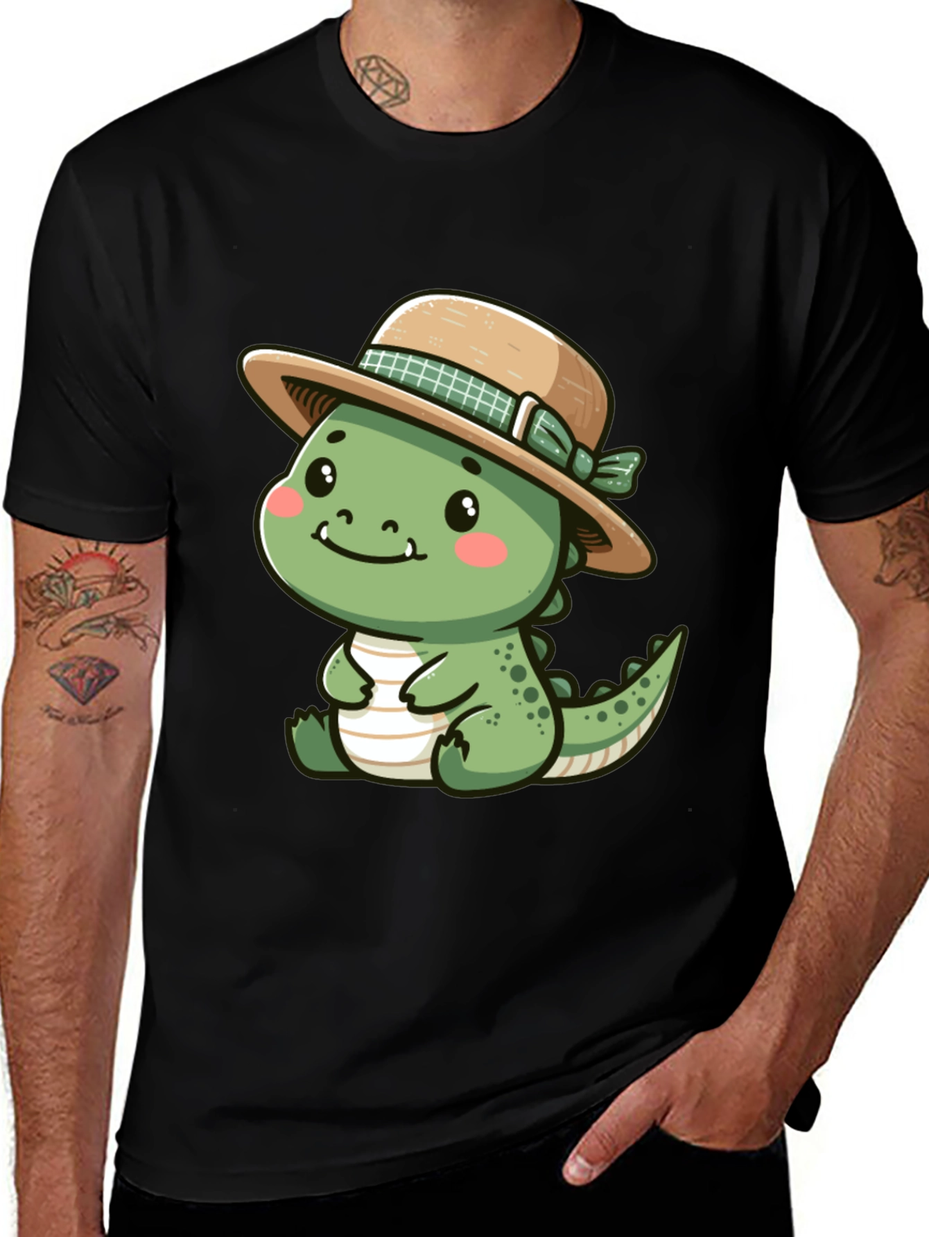 Cute Dino with Hat - Black T-Shirt