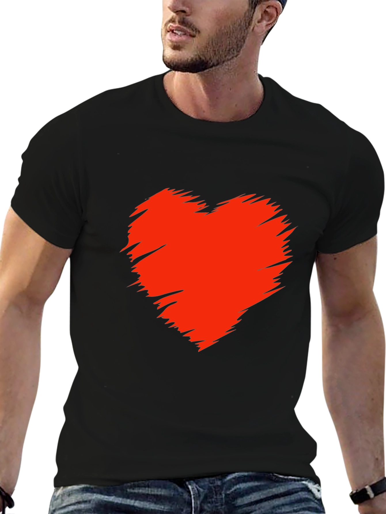 Mens Black T-Shirt with Red Heart Graphic