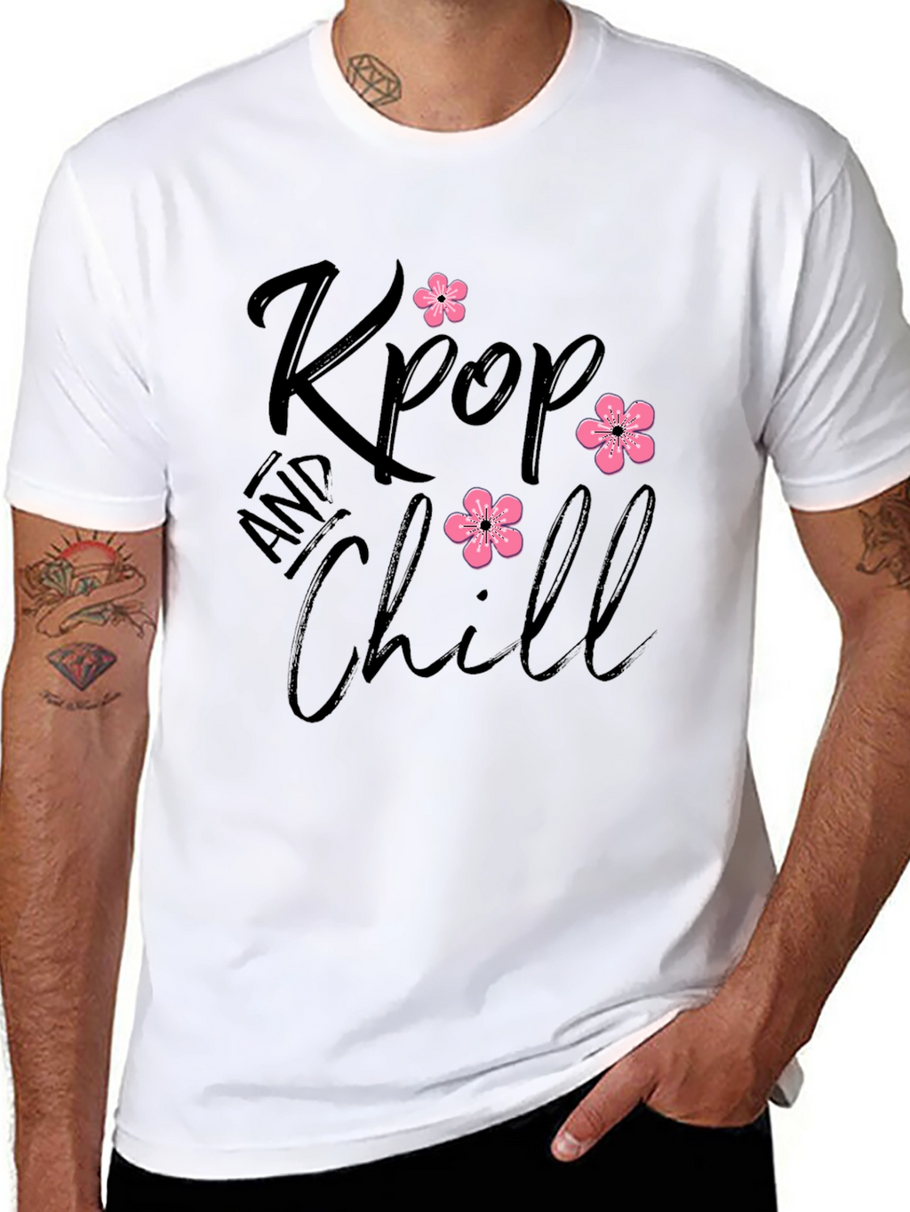 Kpop and Chill Black T-Shirt with Floral Accent
