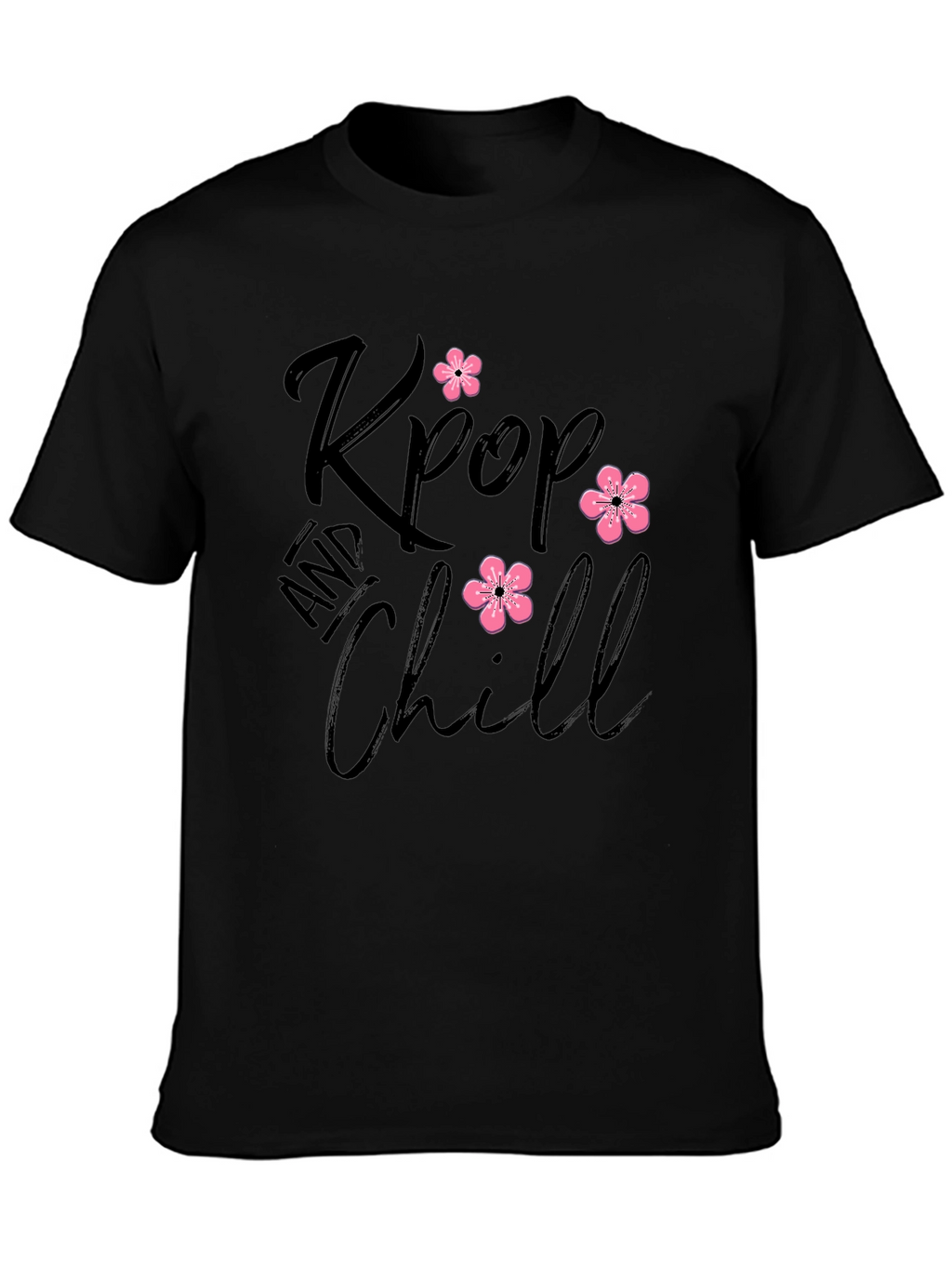Kpop and Chill Black T-Shirt with Floral Accent